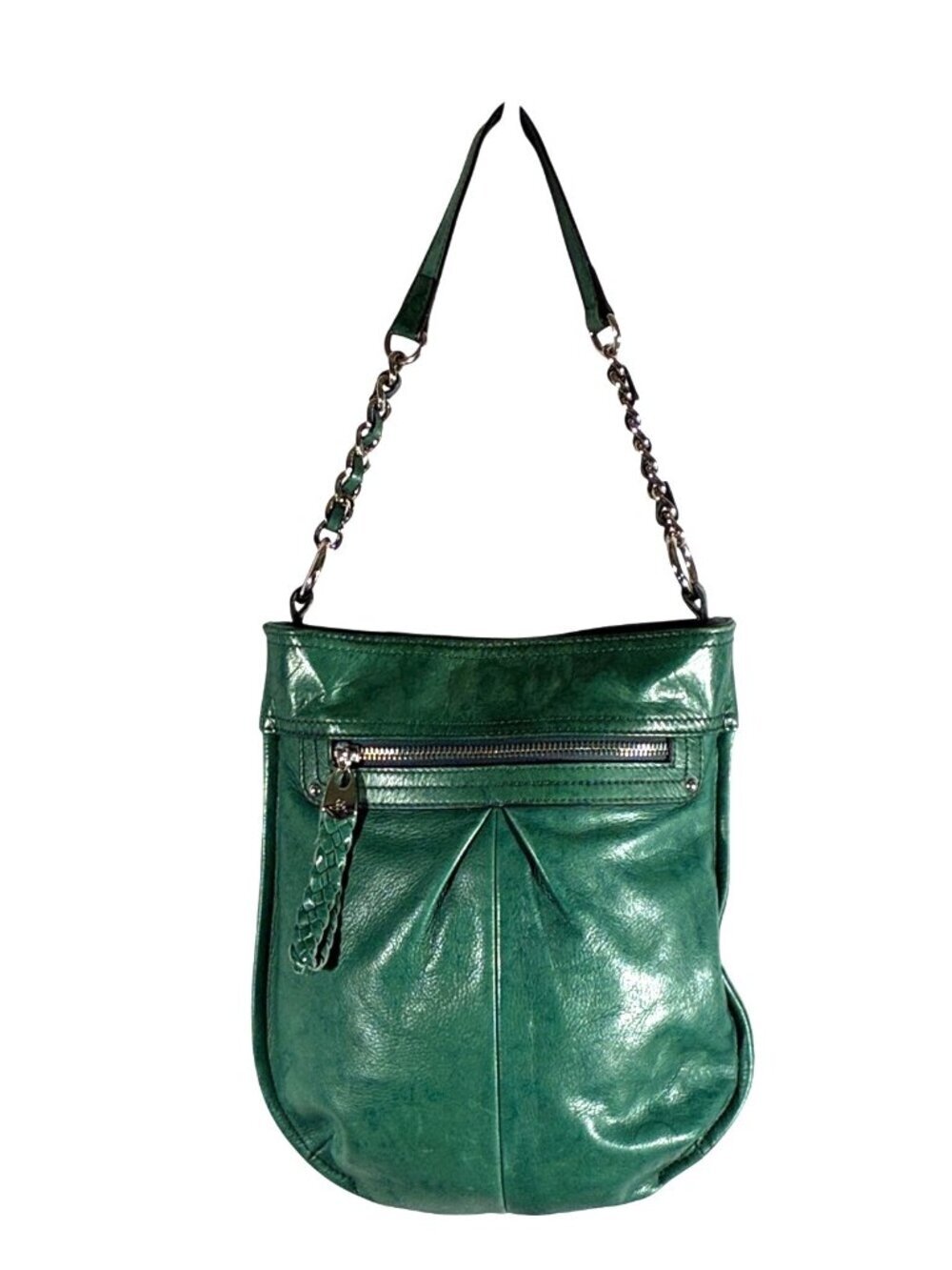 B. Makowsky unique Green Leather Shoulder Bag Chain Strap & Front Zipper Pocket